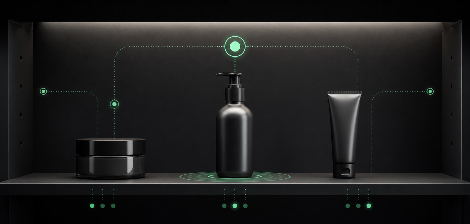 Three unbranded products on a dark retail shelf connected by measurement signals