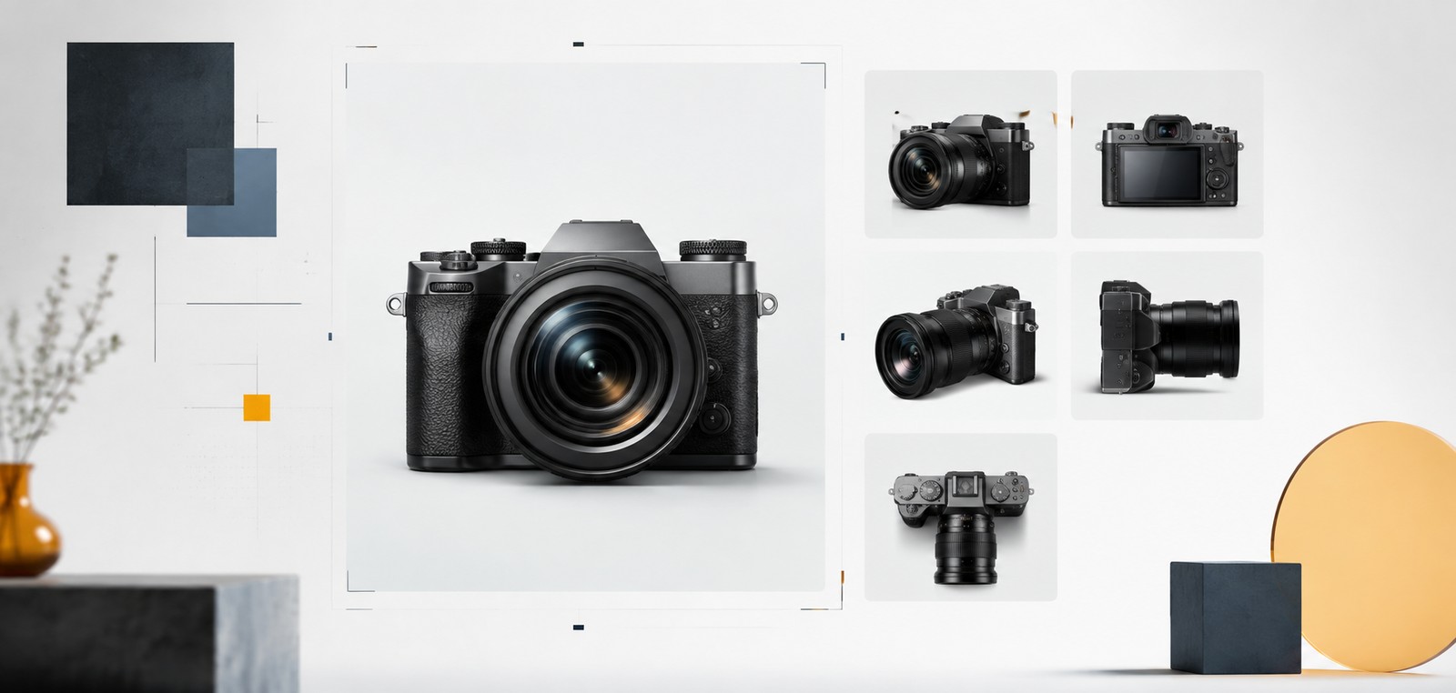 A camera product photographed from several consistent studio angles inside clean crop frames