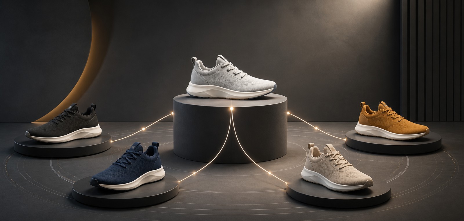 Five colour variants of one sneaker connected to a central parent product